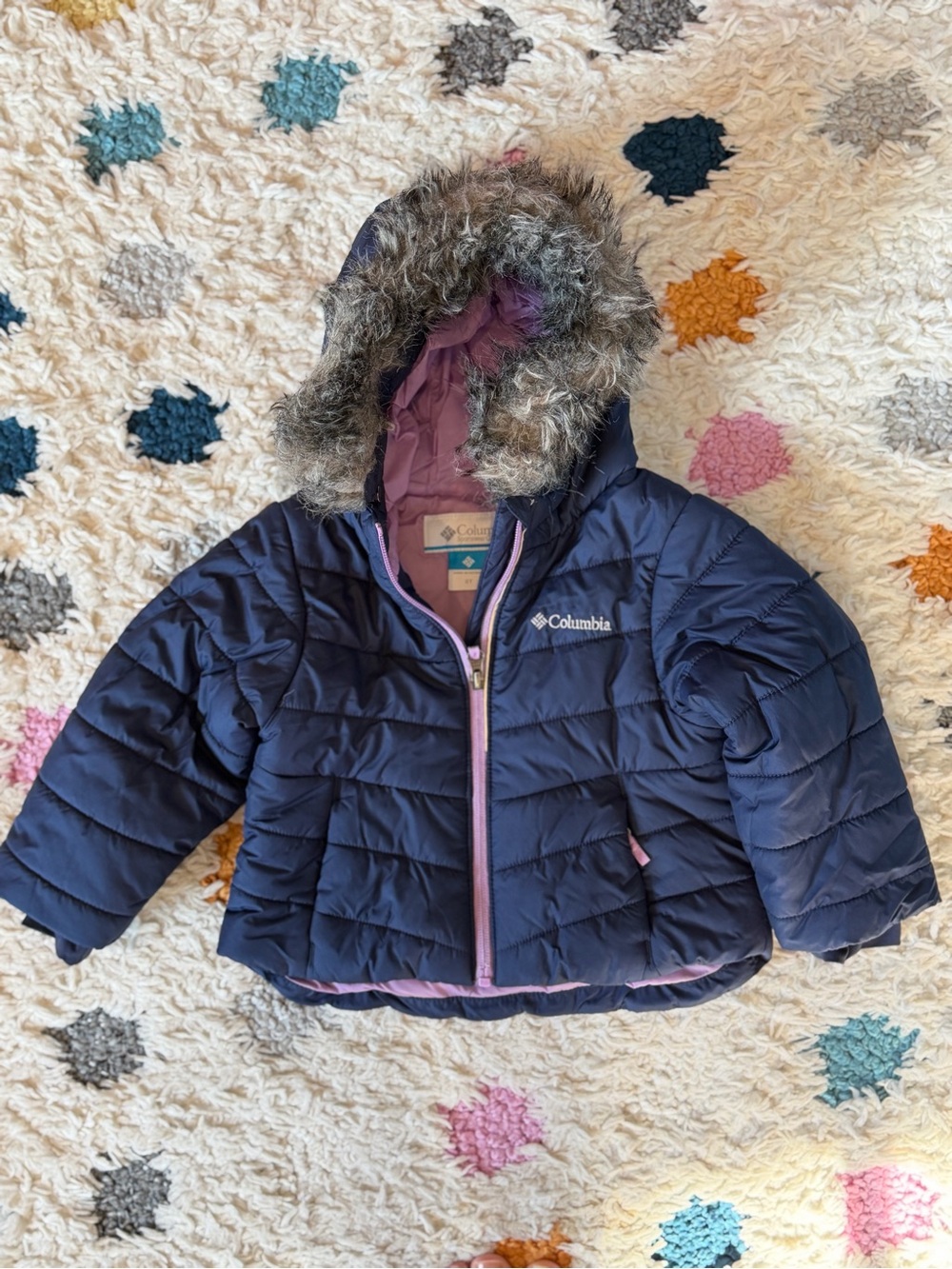 Columbia Navy Puffer Jacket with Pink Trim and Faux Fur Hood - Size 2T
